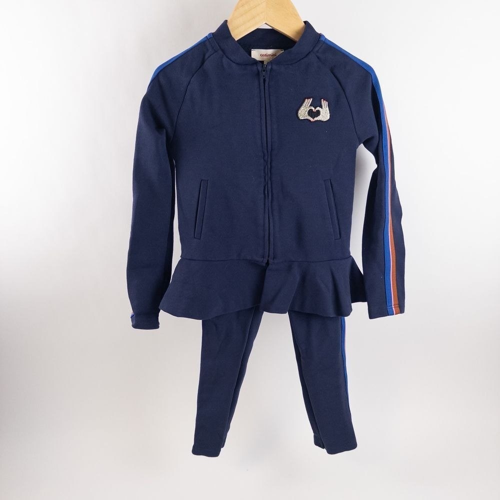 Catimini Track Suit Kids 5 Navy Blue Peplum Jacket Leggings Stripe Heart